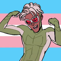 an image of tommy maximoff of the young avengers dancing, set against a trans flag